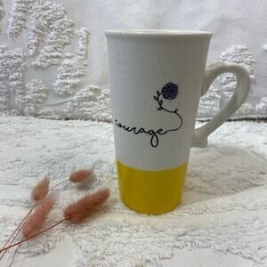 SHEFFIELD HOME Mug "COURAGE" Flower Speckled 2 Tone Bone/Yellow Ceramic 16oz